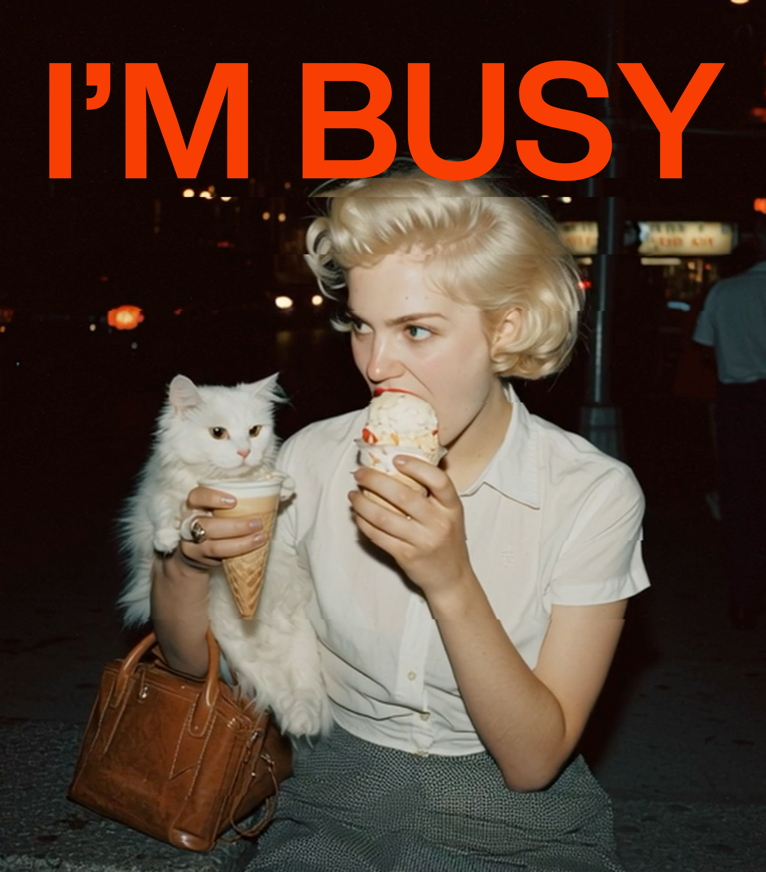 A woman with her cat, eating ice cream