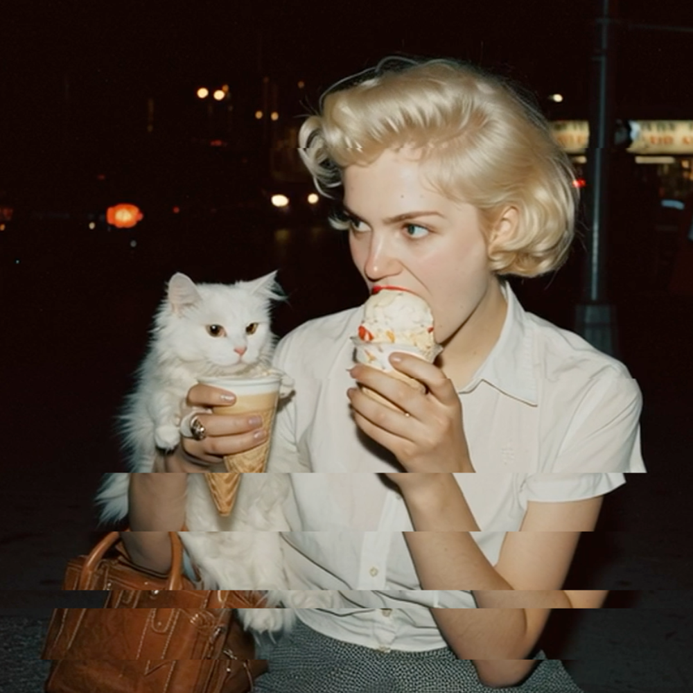 A woman with her cat, eating ice cream