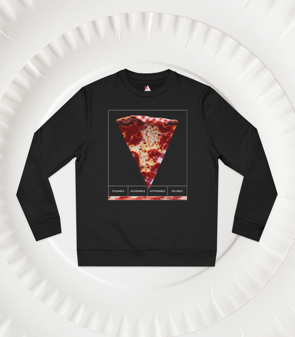 Front view of a Black sweatshirt with a pizza slice graphic on a white paper plate background