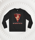 Front view of a Black sweatshirt with a pizza slice graphic on a white paper plate background