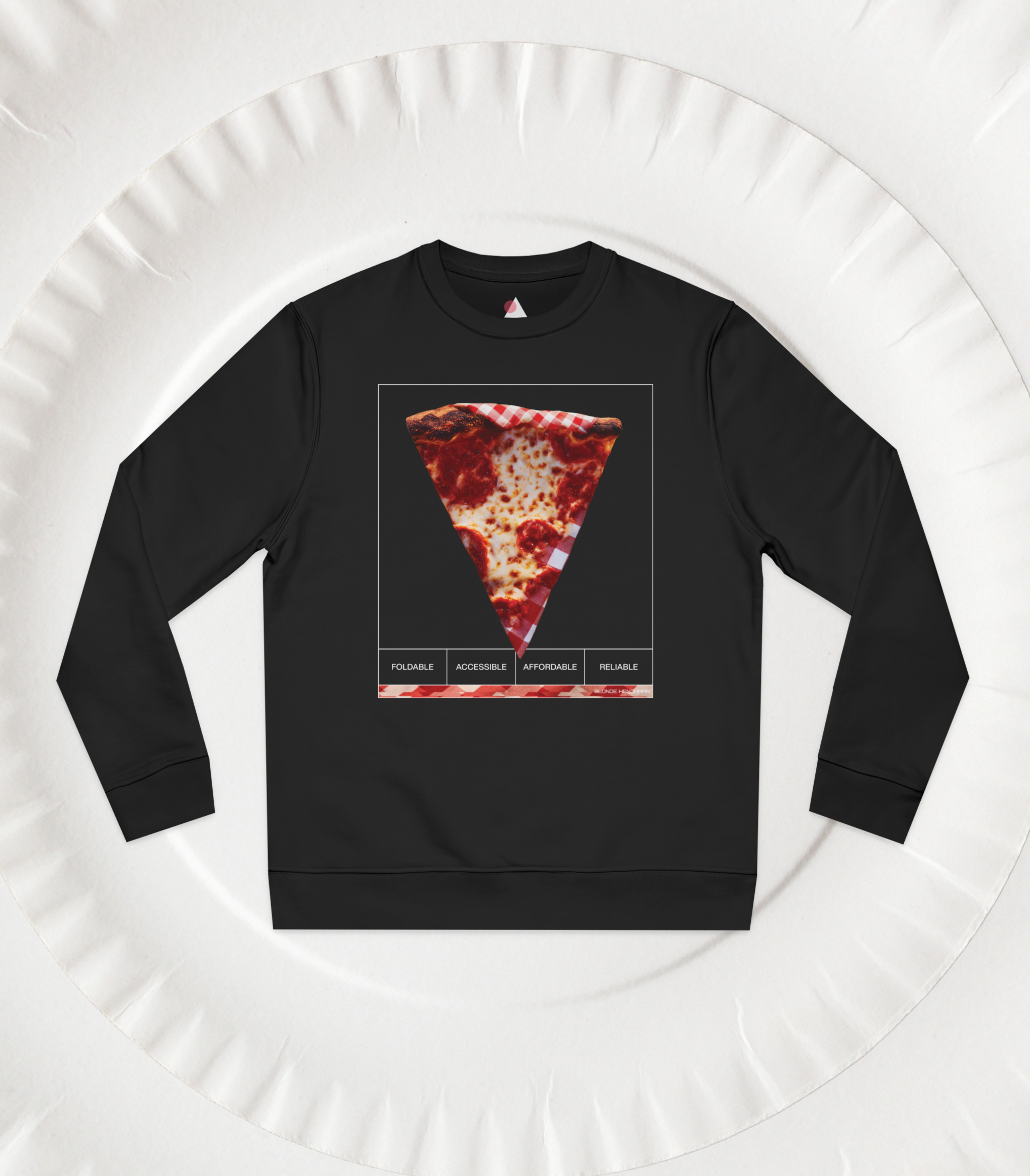 Front view of a Black sweatshirt with a pizza slice graphic on a white paper plate background