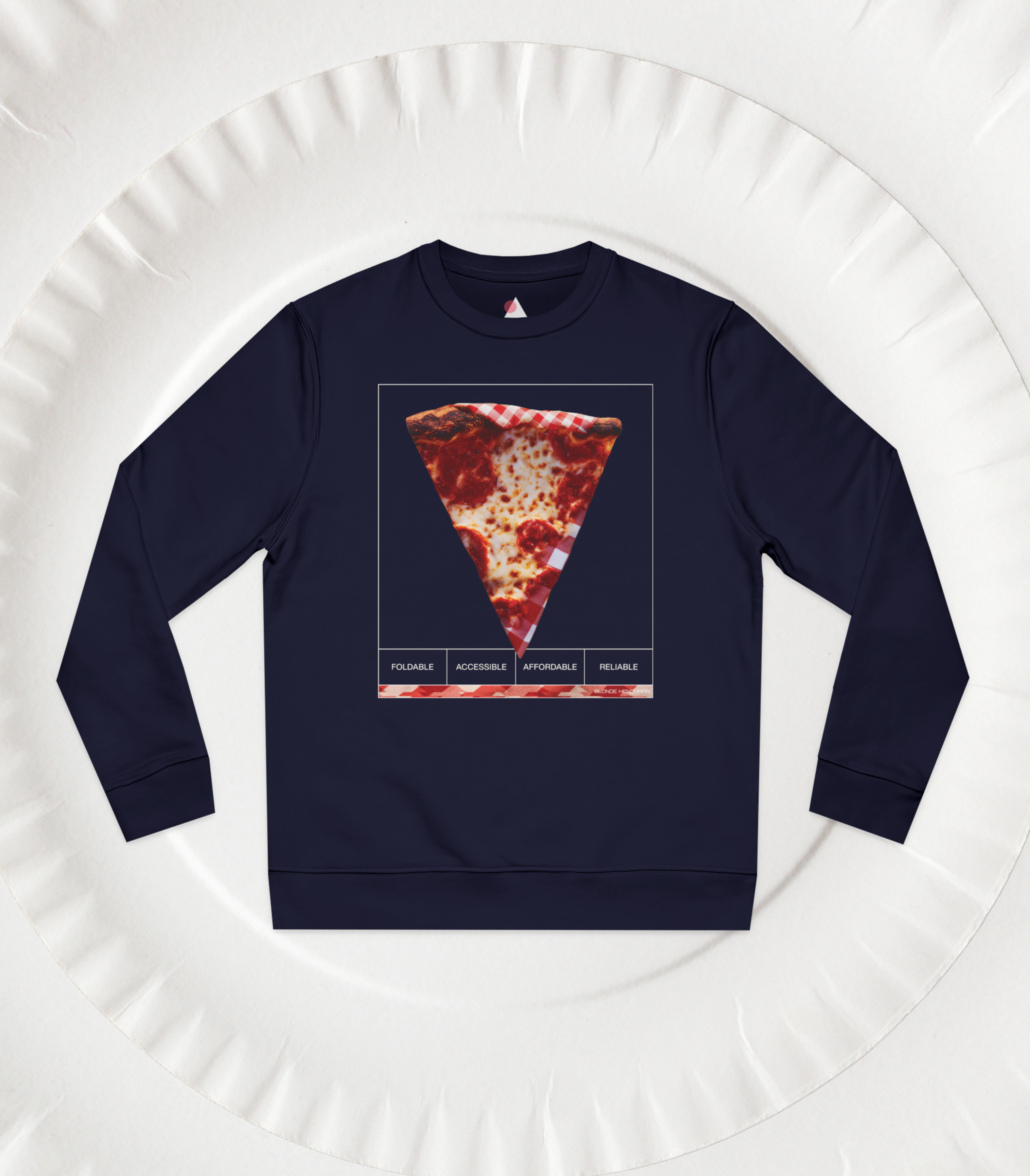 Front view of a French Navy sweatshirt with a pizza slice graphic on a white paper plate background
