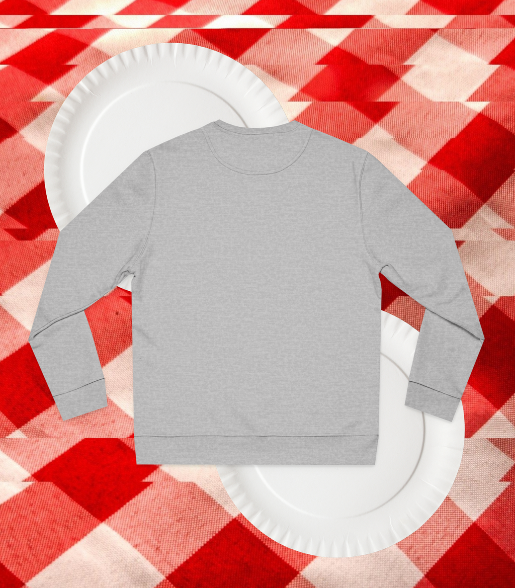 Back view of a Heather Gray sweatshirt on a white plate with a red and beige checkered background