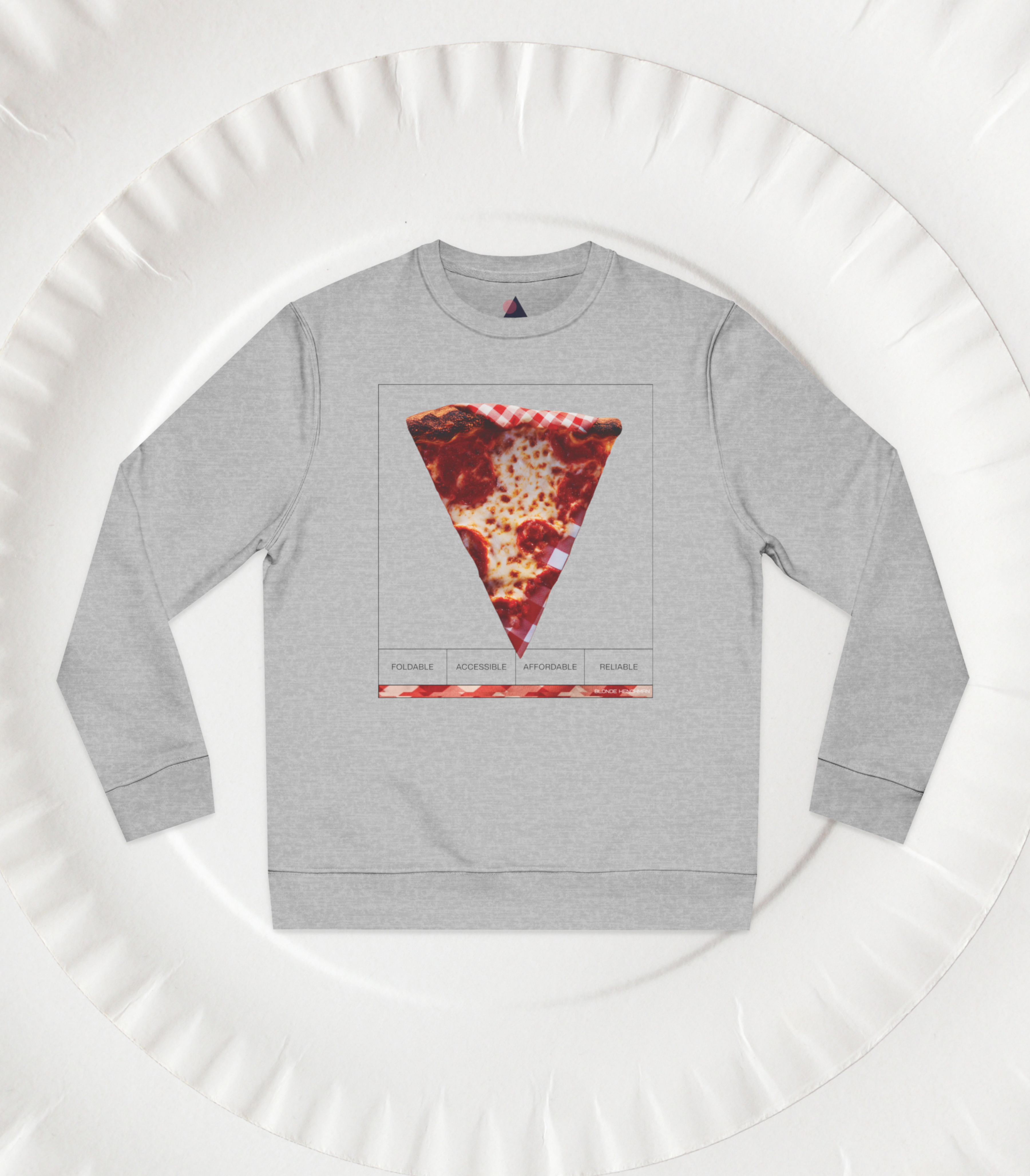 Front view of a Heather Gray sweatshirt with a pizza slice graphic on a white paper plate background