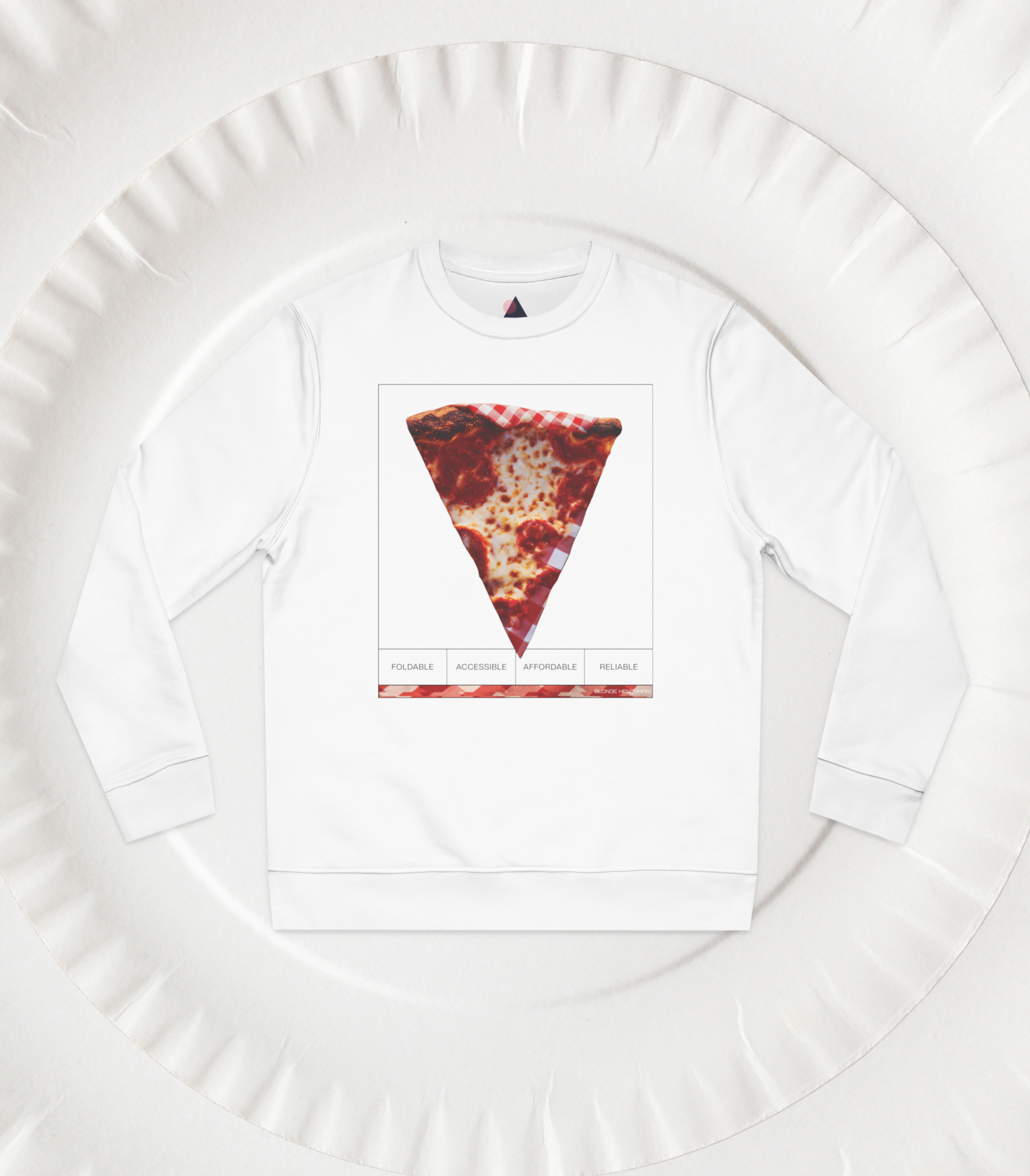 Front view of a White sweatshirt with a pizza slice graphic on a white paper plate background